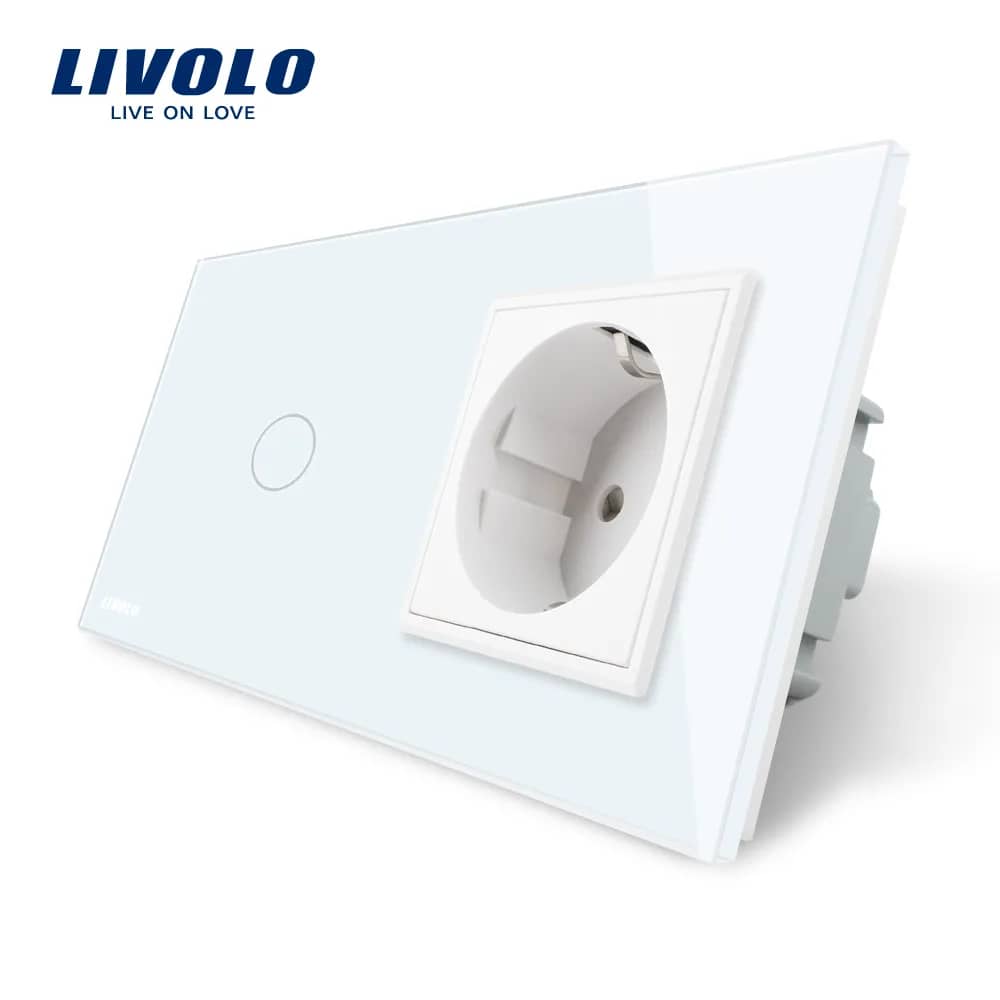 Livolo Glass Touch Light Switch with Socket – 1 Gang 2-Way / Intermediate + Single Socket