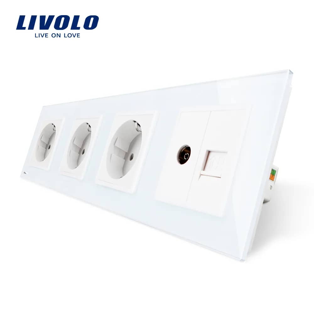 Livolo Quadruple Socket with Glass Frame – 3 Wall Sockets + TV/Internet