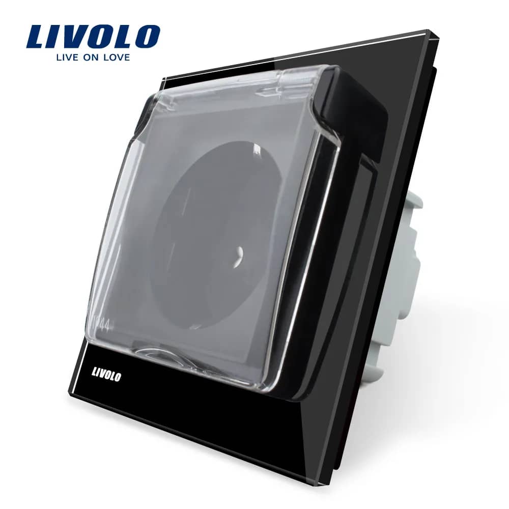 Livolo Single Wall Socket with Glass Frame and Waterproof Protective Cover