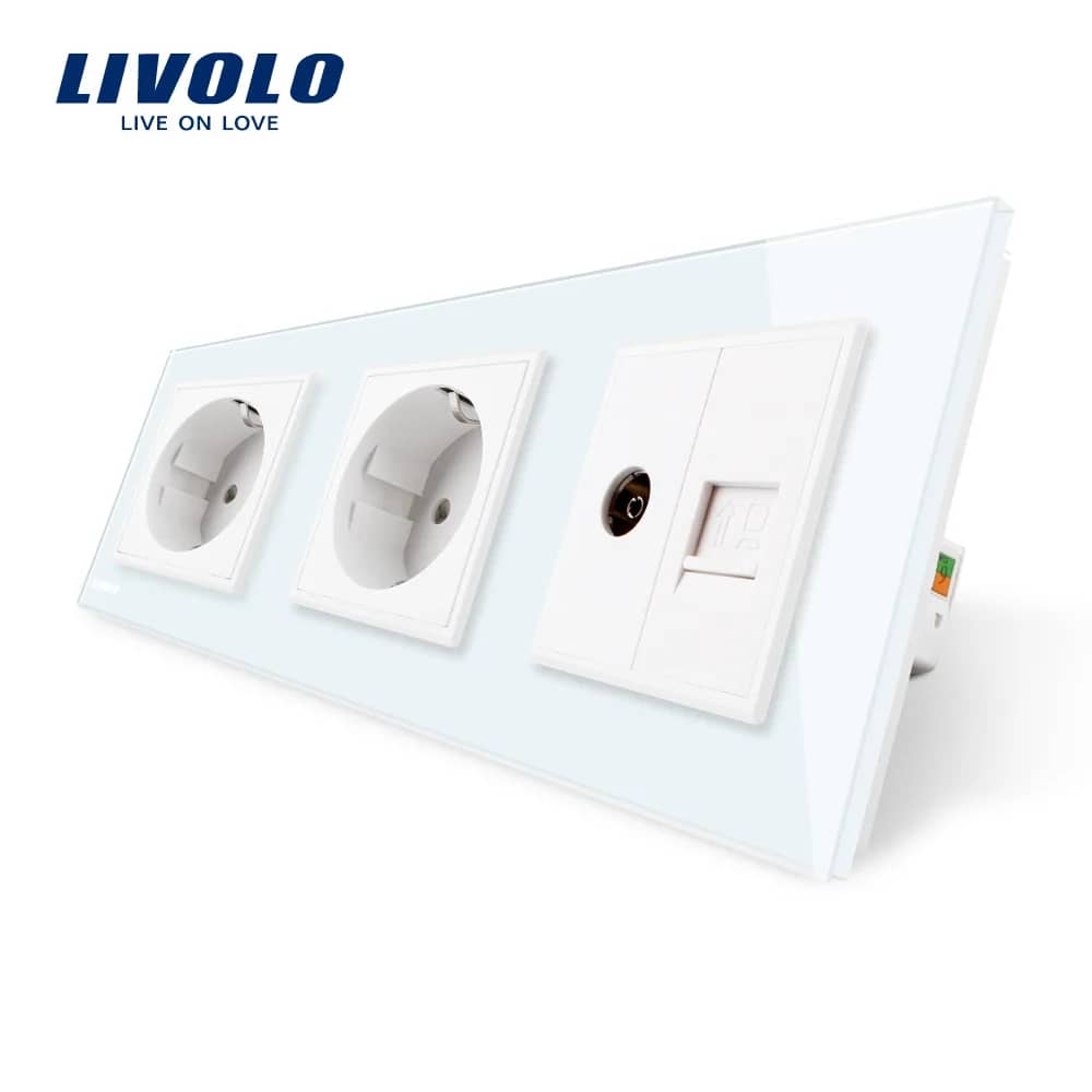 Livolo Triple Socket with Glass Frame – 2 Wall Sockets + TV/Internet Media Socket