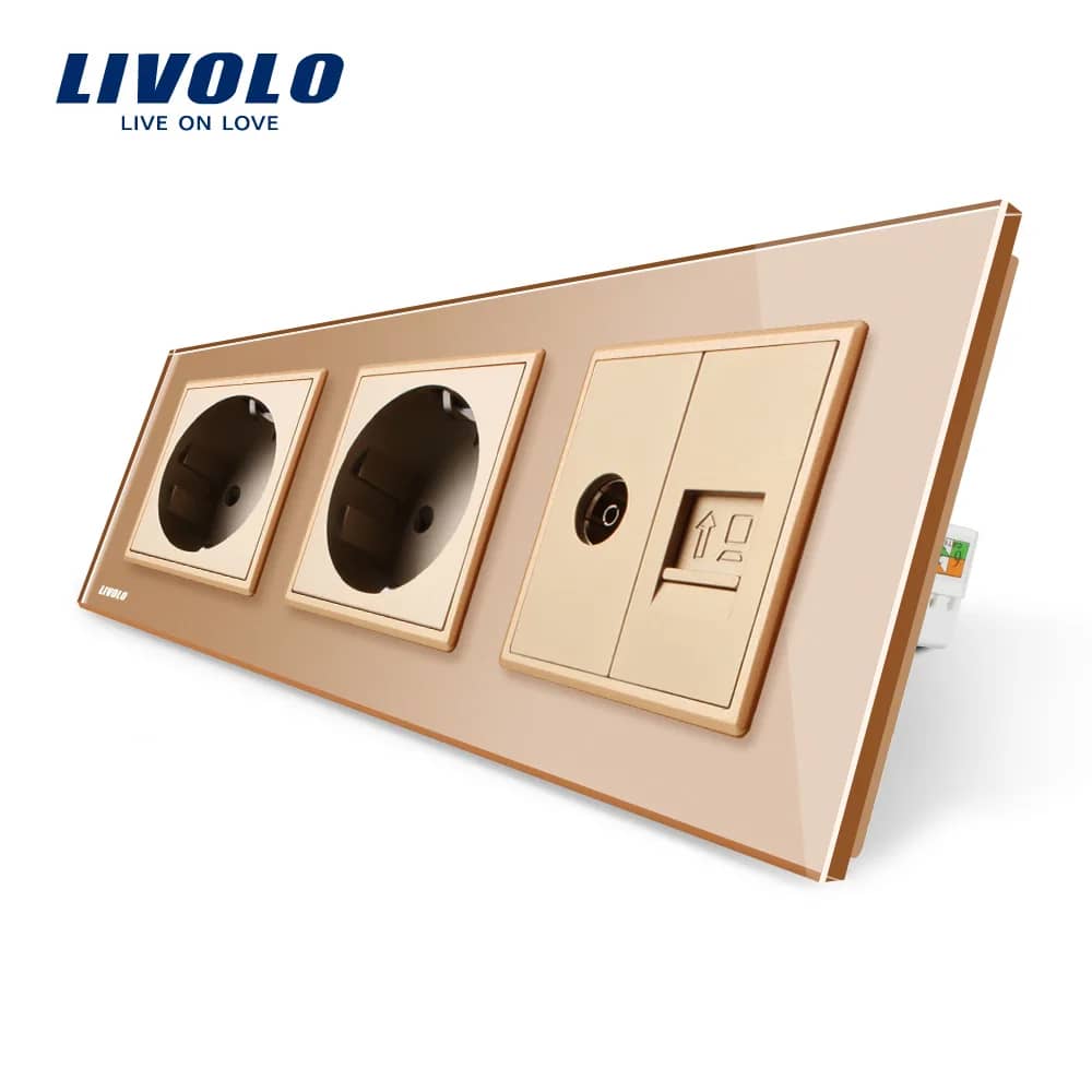 Livolo Triple Socket with Glass Frame – 2 Wall Sockets + TV/Internet Media Socket