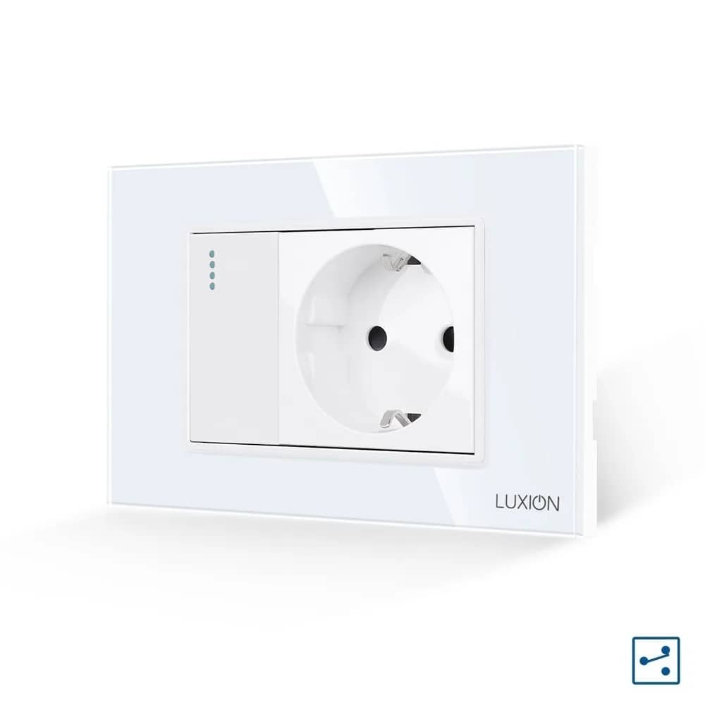 Luxion 1 Gang 2-Way Light Switch + Socket with Glass Frame – Italian Standard, 3M