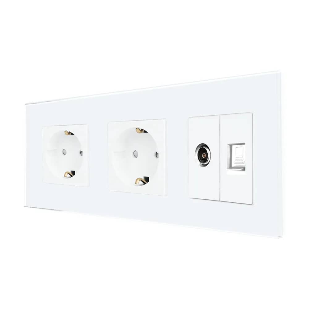 Luxion Double Schuko Socket + TV + Internet with Glass Frame
