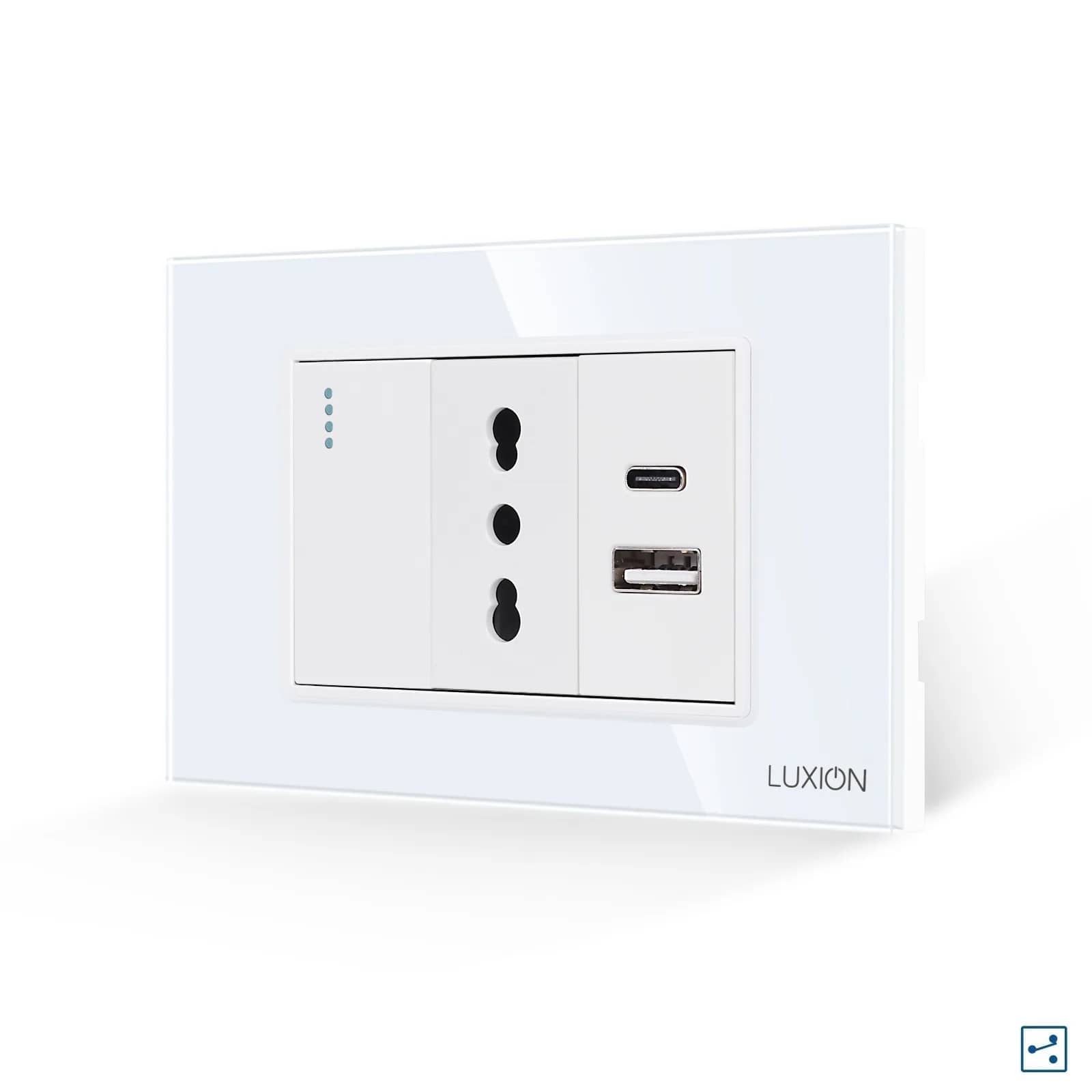 Luxion Glass Frame 1 Gang 2-Way Switch + Narrow Socket and USB A+C – Italian Standard, 3M