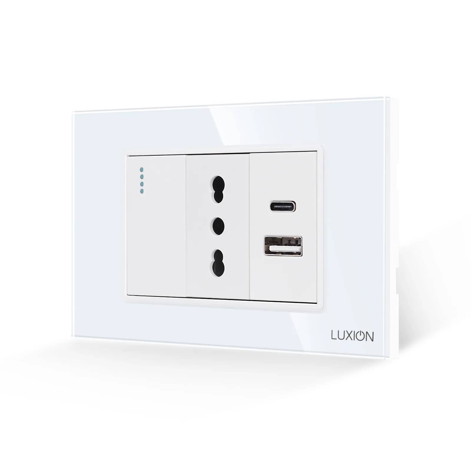 Luxion Glass Frame 1 Gang Light Switch + Slim Socket and USB A+C – Italian Standard, 3M