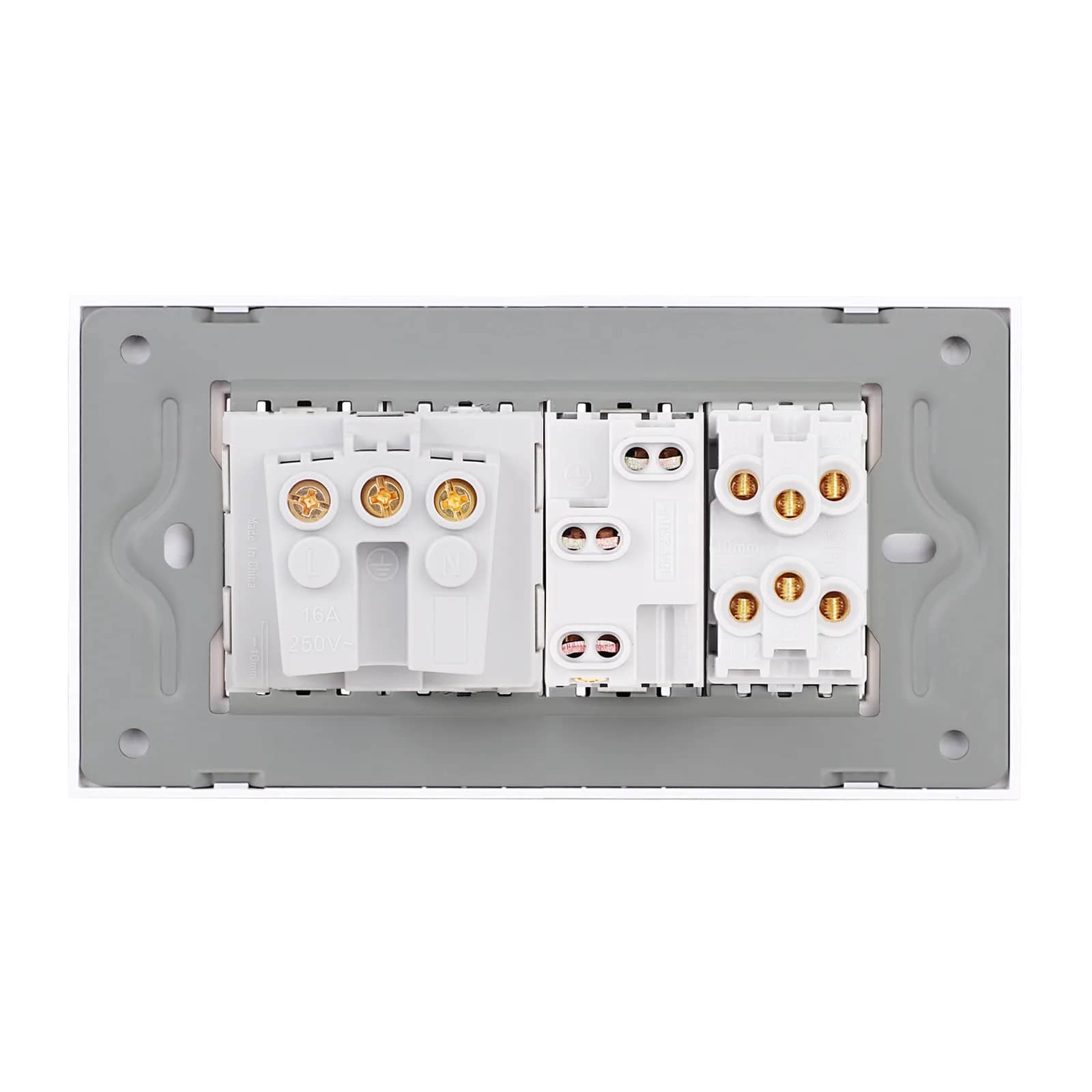Luxion Glass Frame 2 Gang 2-Way Light Switch + Narrow Socket + Schuko Socket – Italian Standard, 4M – White — image 4