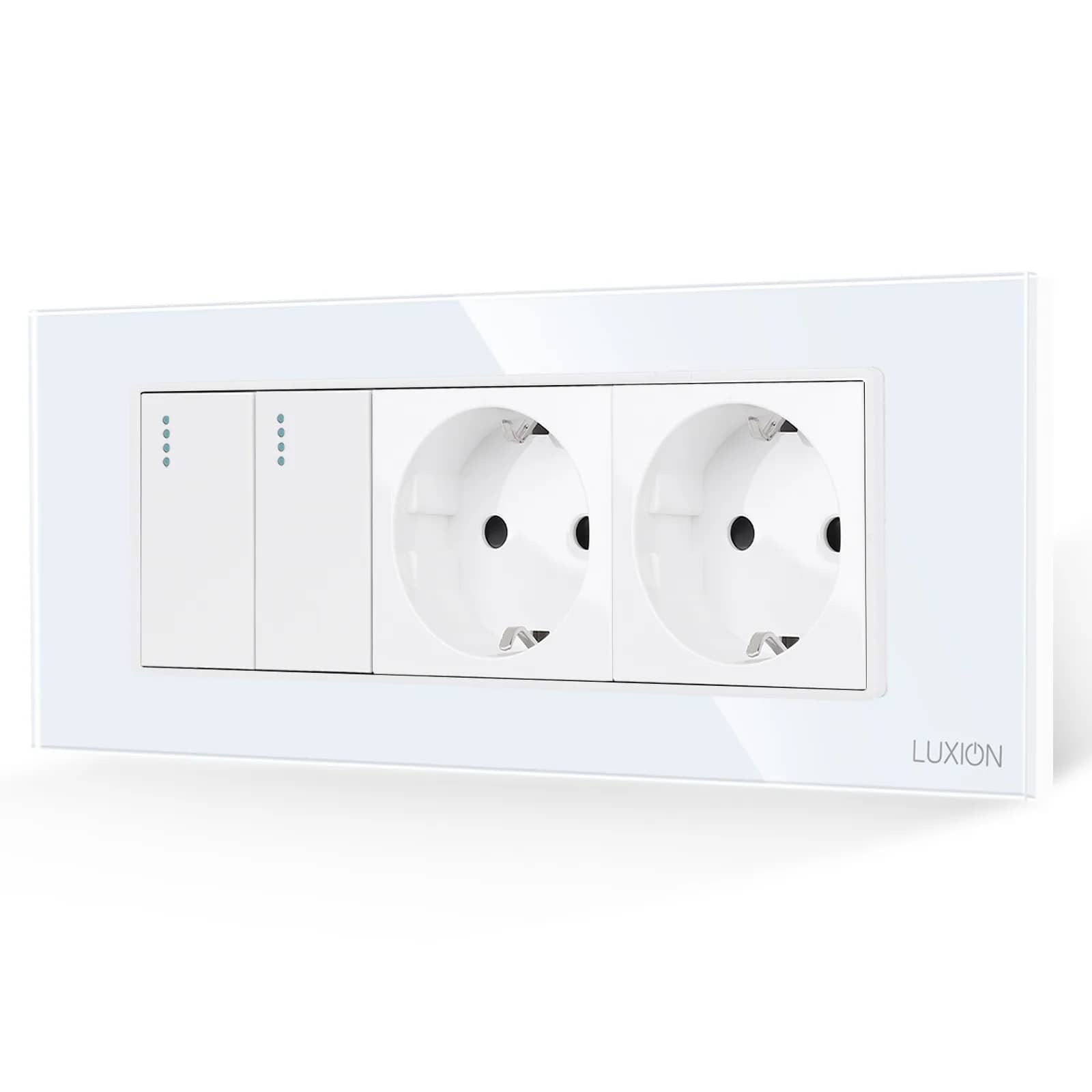 Luxion Glass Frame 2 Gang Light Switch + 2 Sockets – Italian Standard, 6M