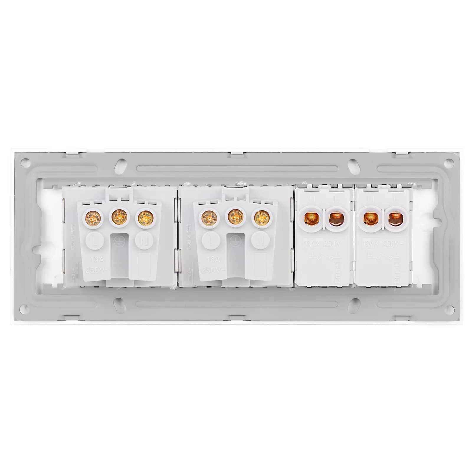 Luxion Glass Frame 2 Gang Light Switch + 2 Sockets – Italian Standard, 6M – White — image 4
