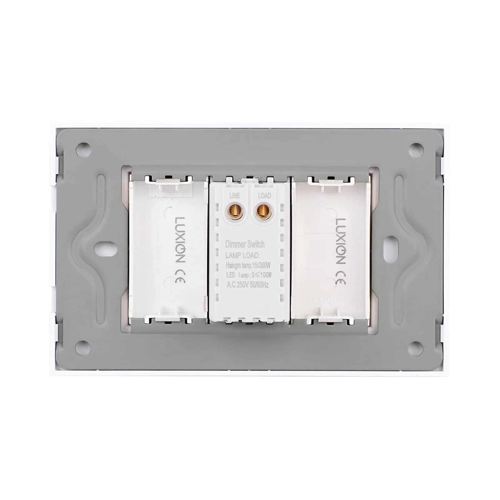 Luxion Mechanical Dimmer Switch 1M with 2 Blank Modules and Glass Frame, Italian Standard, 3M – White — image 4