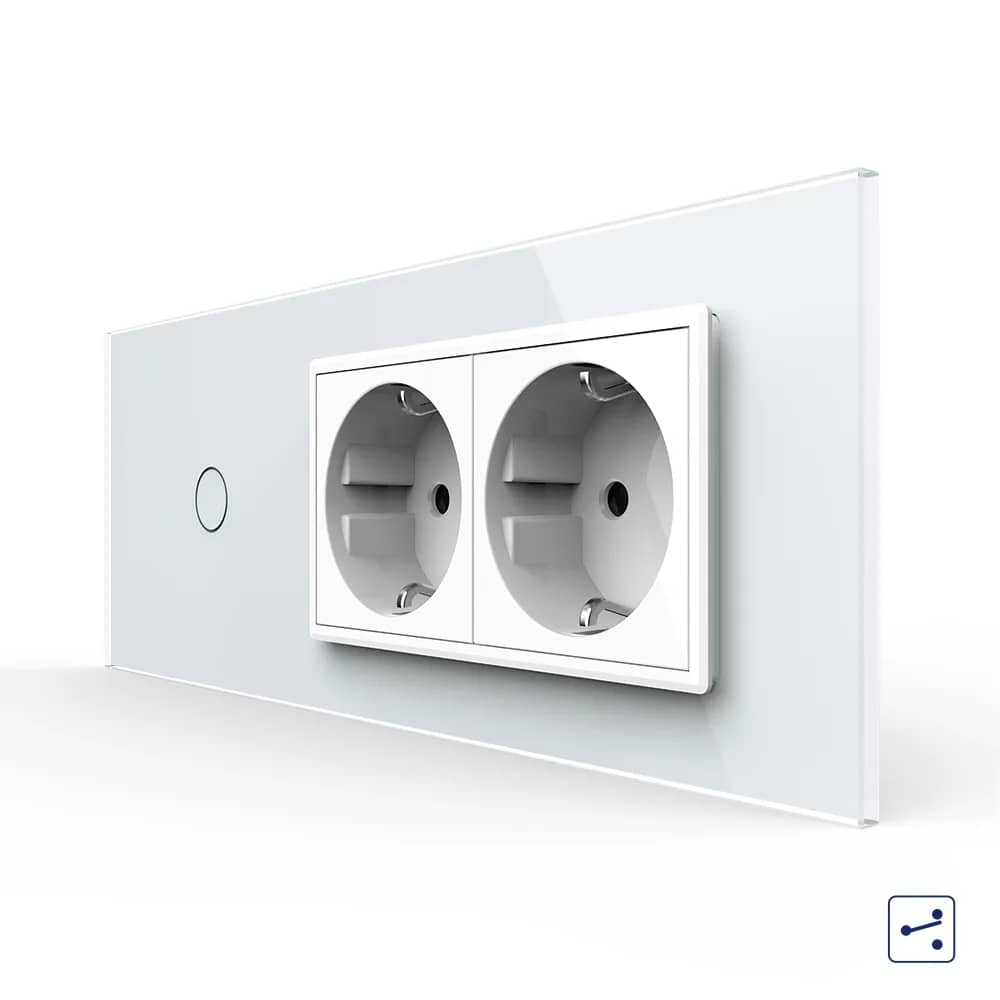 Livolo Glass 1 Gang 2-Way / Intermediate Touch Light Switch + 2 Sockets – Italian Standard, 6M