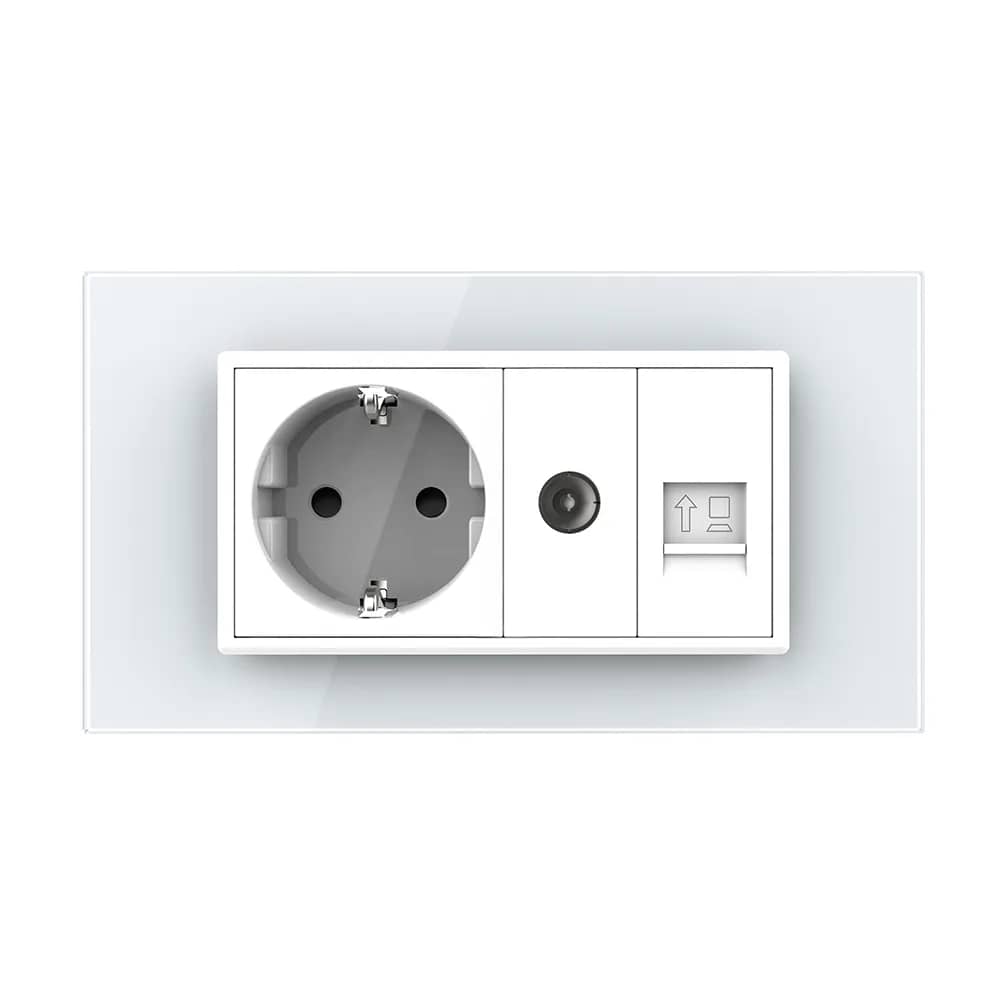 Livolo Glass Frame Double Wall Socket – 1 Schuko Socket + TV/Internet, Italian Standard – New Series – White — image 2