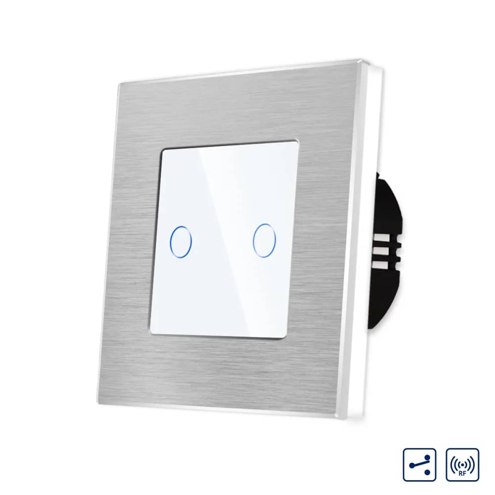 Luxion 2 Gang 2-Way / Intermediate Touch Light Switch – Glass Panel with Aluminium Frame, RF433