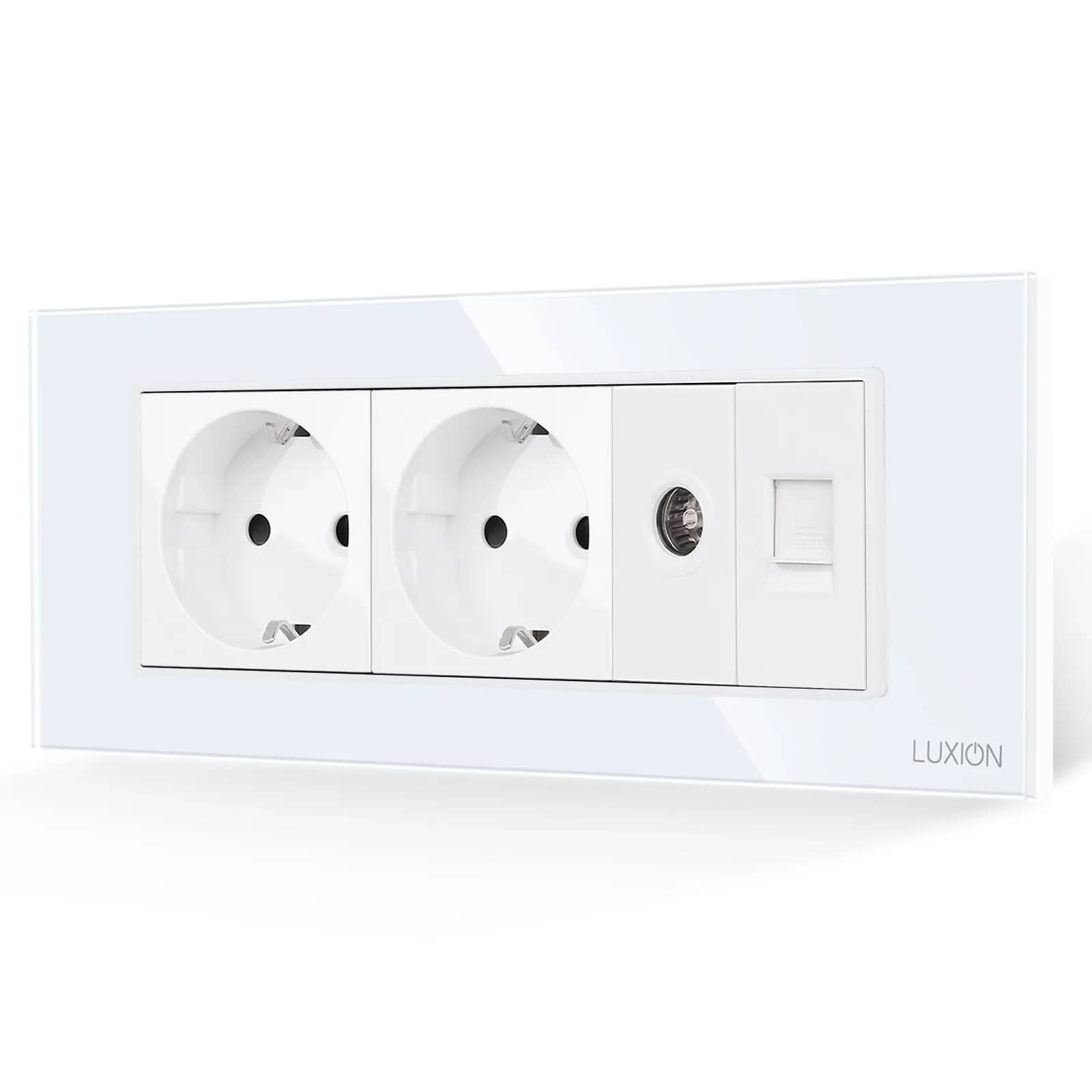 Luxion Double Schuko Socket + TV + Internet with Glass Frame – Italian Standard, 6M
