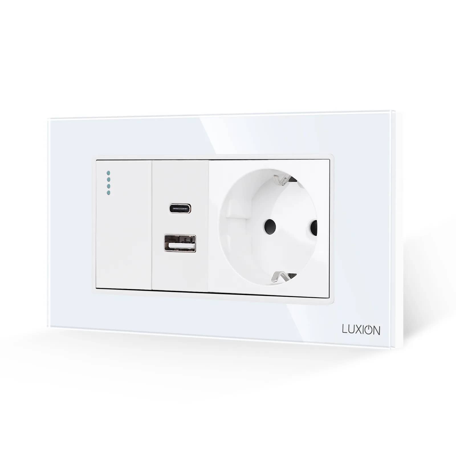 Luxion Glass Frame 1 Gang Light Switch + USB A+C Socket + Schuko Socket, Italian Standard, 4M