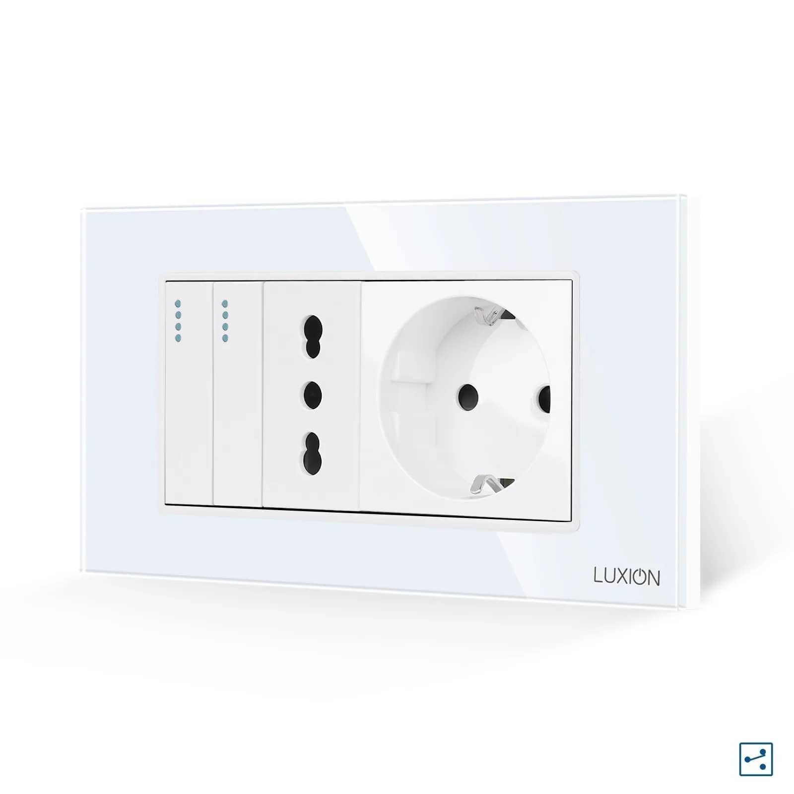 Luxion Glass Frame 2 Gang 2-Way Light Switch + Narrow Socket + Schuko Socket – Italian Standard, 4M