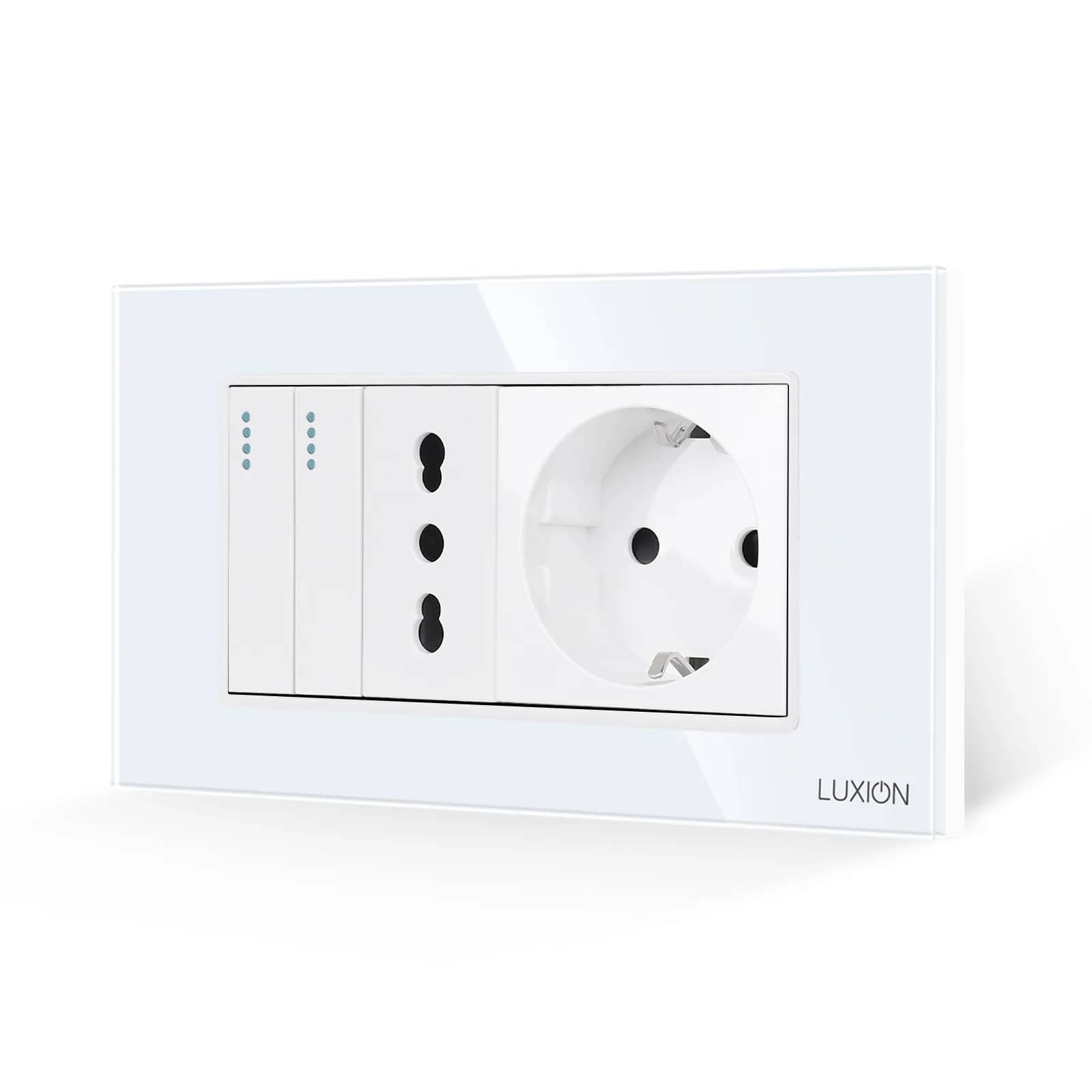 Luxion Glass Frame 2 Gang Switch + Narrow Socket + Schuko Socket, Italian Standard, 4M