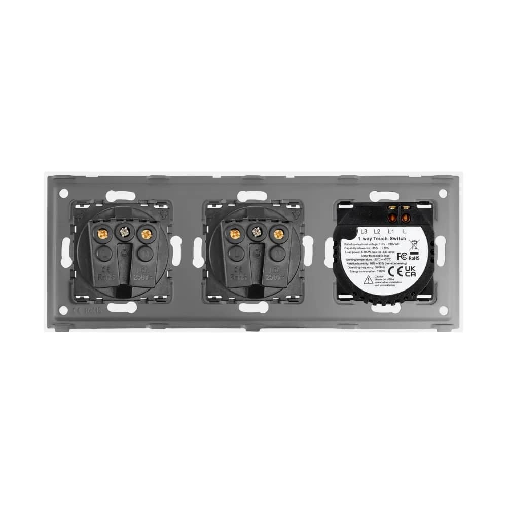 Luxion Glass Frame Panel – 1 Gang Light Switch + 2 Sockets – Fade-Resistant