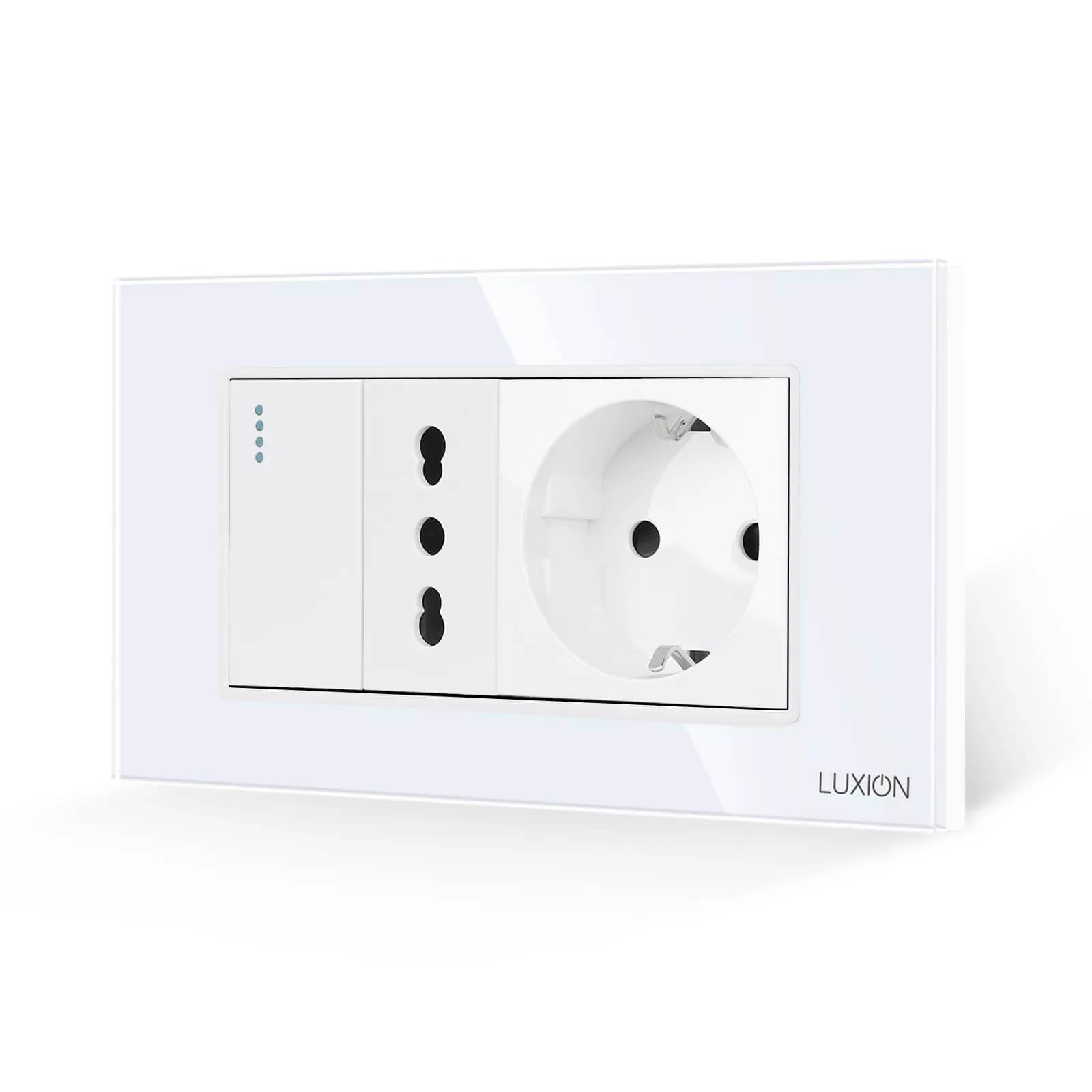 Luxion Glass Frame 1 Gang Switch + Narrow Socket + Schuko Socket – Italian Standard, 4M