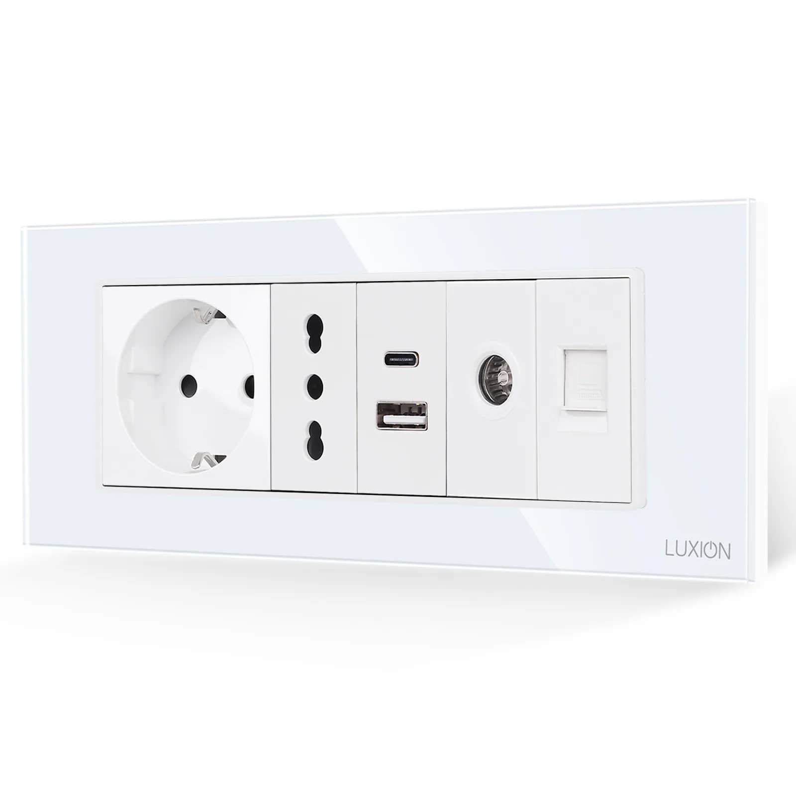 Luxion Glass Frame Media Socket – Schuko + Slim Socket + Dual USB + TV + Internet, Italian Standard, 6M