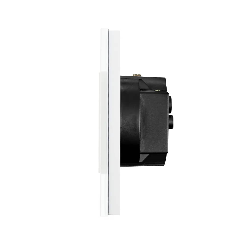 Luxion Series A 2 Gang 2-Way / Intermediate Light Switch + Socket with Glass Frame – Colour-Fast Design