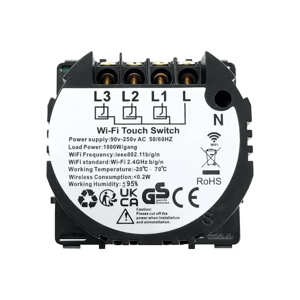 Luxion Wi-Fi + RF433 Touch Light Switch Module – 3 Gang (LX-WT2-RA301) – Technical Data (from module label)