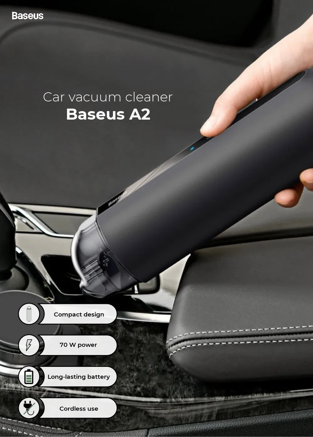Baseus Capsule Mini A2 Cordless Car Vacuum Cleaner – 70 W, 20 Min Runtime, USB Type-C Charging – detail 1