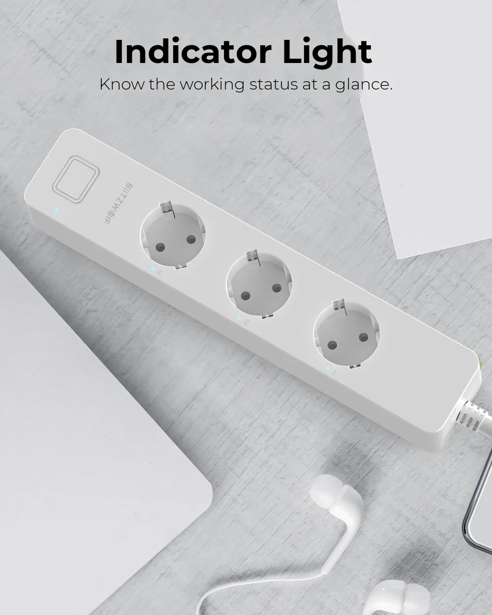 BlitzWolf BW-SHP9 Smart Power Strip – 3 Sockets, 2 USB Ports, 3300W, 15A, Smartphone Control – detail 1