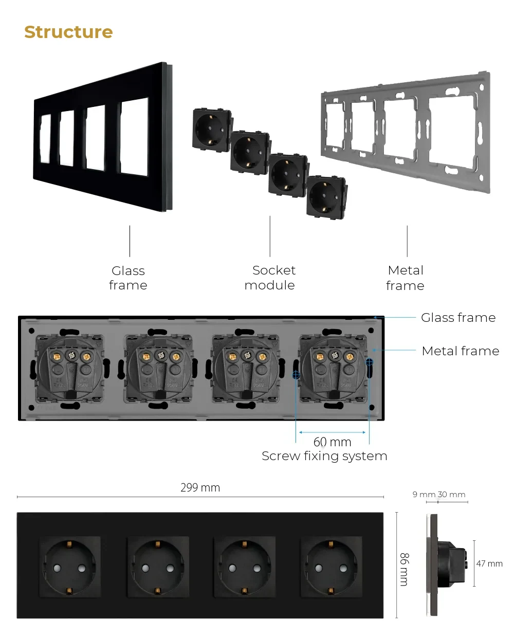 Luxion Quadruple Wall Socket with Glass Frame – detail 1