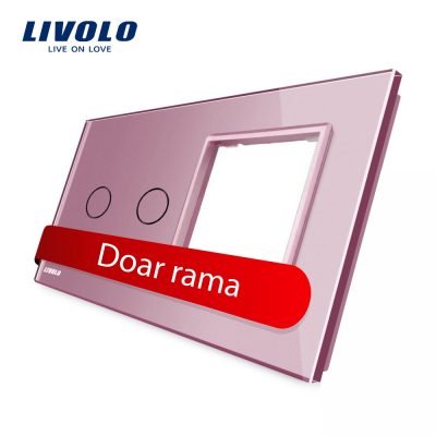 Panou intrerupator dublu cu touch + priza simpla Livolo din sticla culoare roz