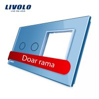 Panou intrerupator dublu cu touch + priza simpla Livolo din sticla culoare albastra