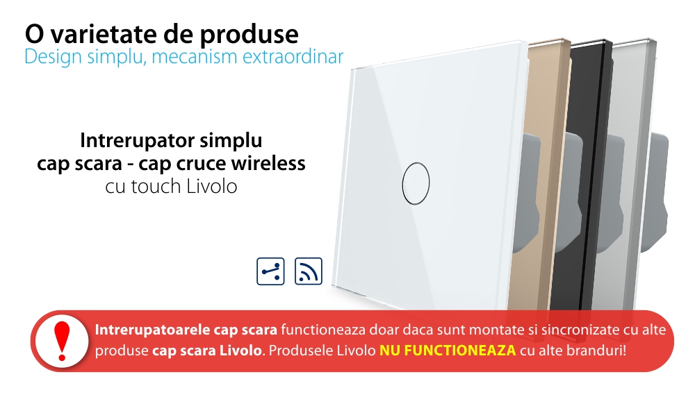 Intrerupator Cap scara / Cruce Wireless cu Touch Livolo din Sticla, Serie Noua