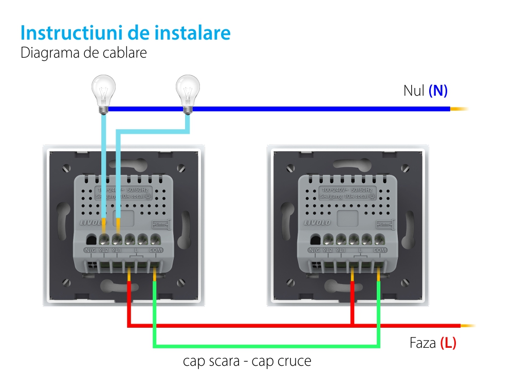 Intrerupator Dublu Cap Scara / Cruce cu Touch LIVOLO – Serie Noua