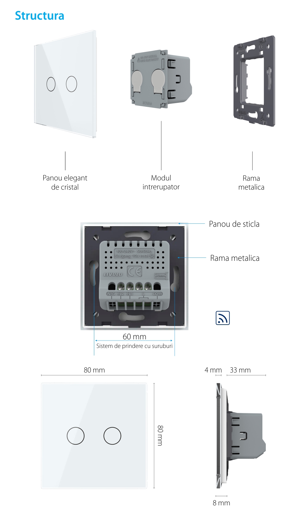 Intrerupator dublu wireless cu touch Livolo din sticla