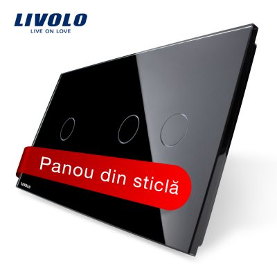 Panou intrerupator simplu+dublu cu touch Livolo din sticla culoare neagra