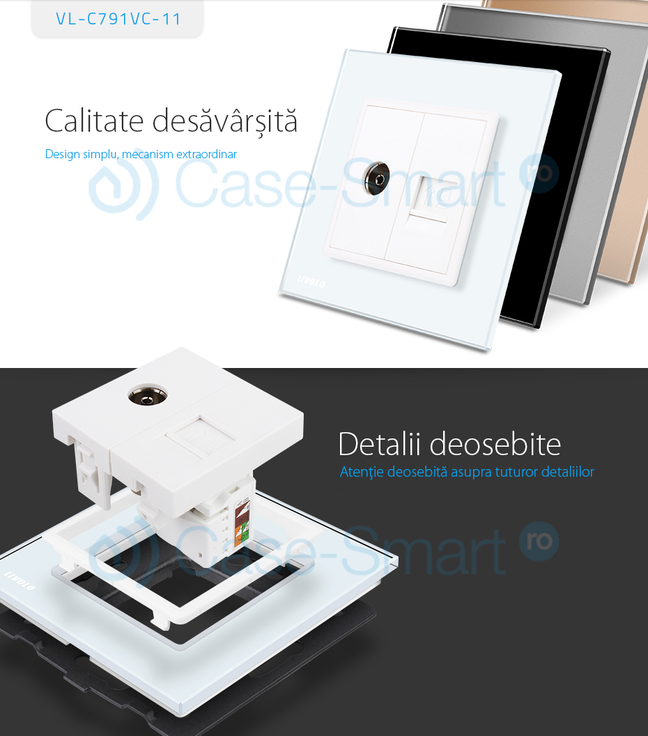 Priza dubla TV + priza internet Livolo cu rama din sticla