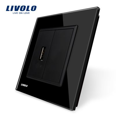 Priza USB Livolo cu rama din sticla culoare neagra