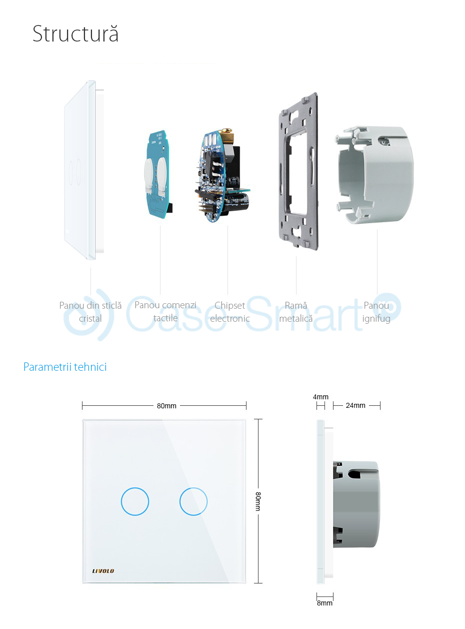 Intrerupator draperie wireless cu touch Livolo din sticla