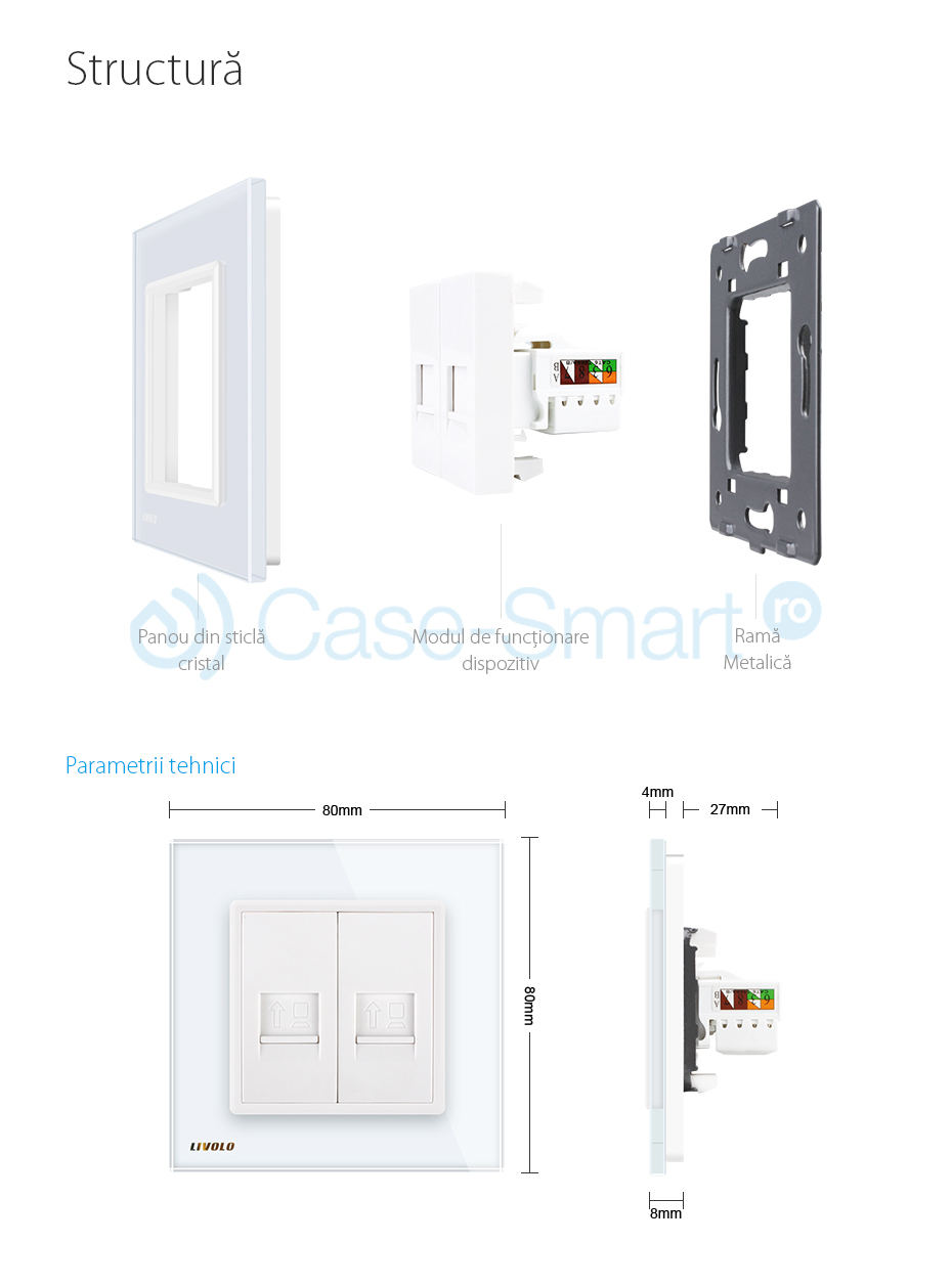 Priza dubla internet Livolo cu rama din sticla