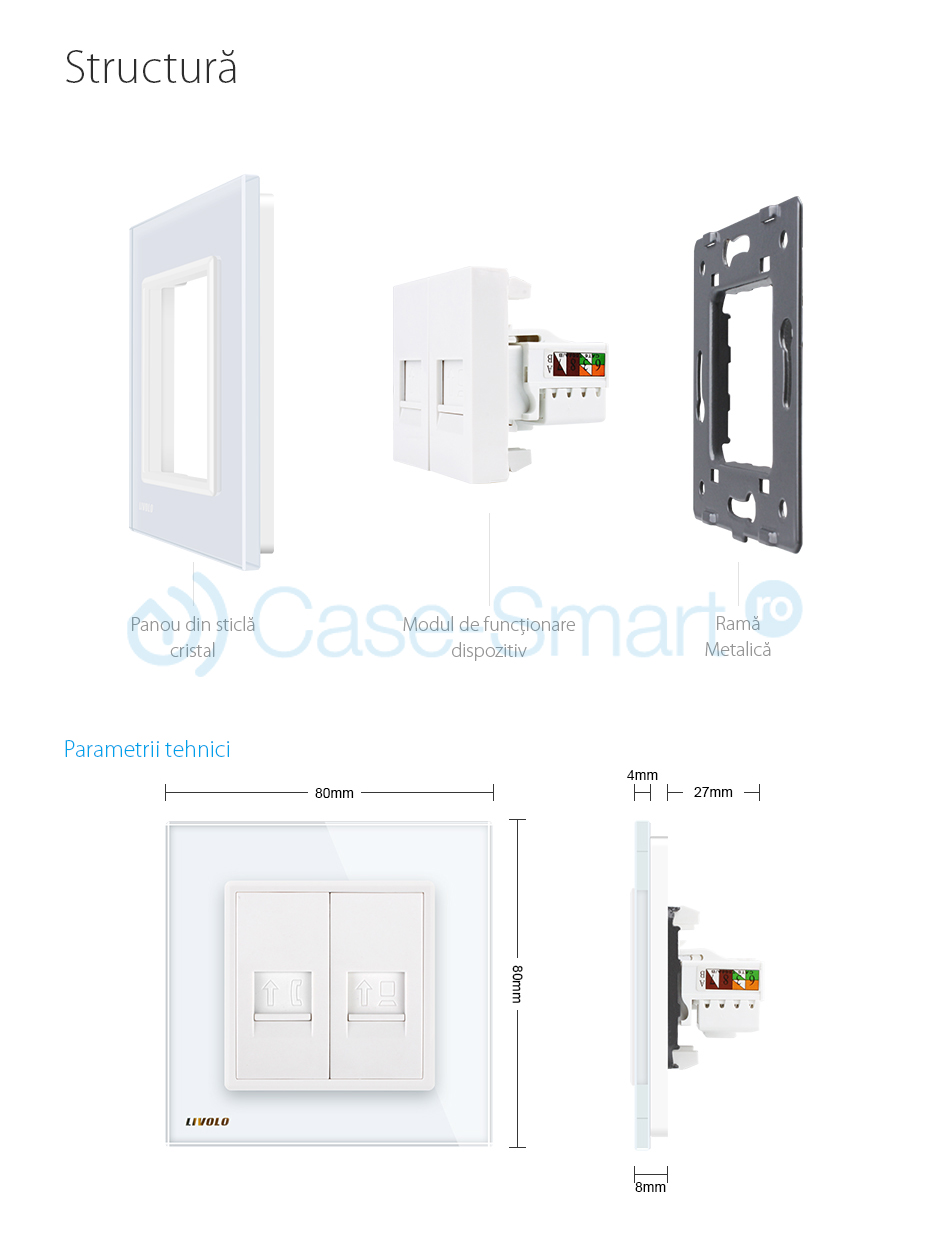 Priza dubla Telefon + Priza internet Livolo cu rama din sticla
