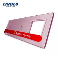 Panou 2 intrerupatoare simple cu touch si priza Livolo din sticla culoare roz