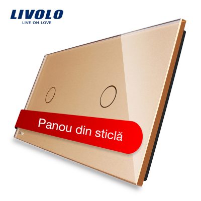 Panou intrerupator simplu+simplu cu touch Livolo din sticla culoare aurie