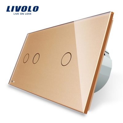 Intrerupator dublu + simplu cu touch Livolo din sticla culoare aurie