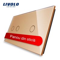 Panou intrerupator dublu + simplu cu touch Livolo din sticla culoare aurie