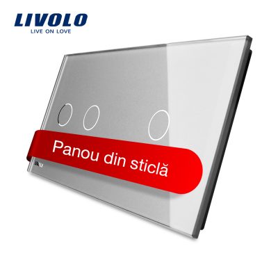 Panou intrerupator dublu + simplu cu touch Livolo din sticla culoare gri