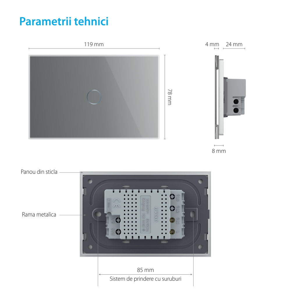 Intrerupator simplu cu touch Livolo din sticla – standard italian