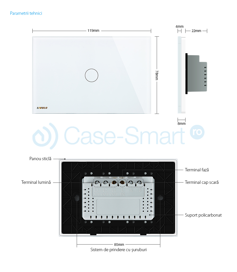 Intrerupator wireless cu touch Livolo din sticla si telecomanda inclusa-standard italian