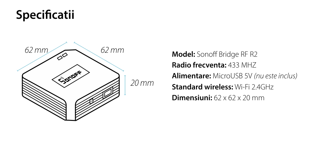 Hub inteligent Sonoff Bridge RF R2, Control aplicatie, 433 Mhz