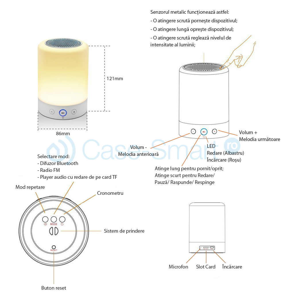 Boxa si lampa inteligenta, portabila cu touch, bluetooth 4.0, RS-WBSL-L7