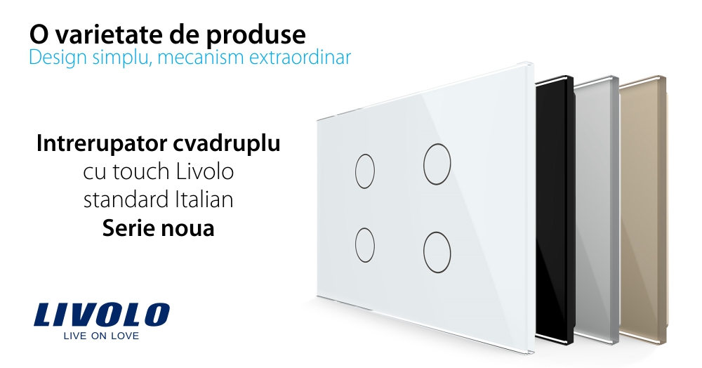 Intrerupator cvadruplu cu touch Livolo din sticla – standard italian