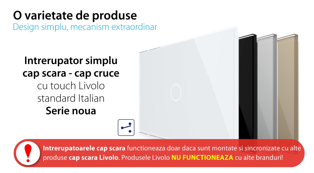 Intrerupator Simplu Cap Scara / Cruce cu Touch LIVOLO din Sticla – Serie Noua